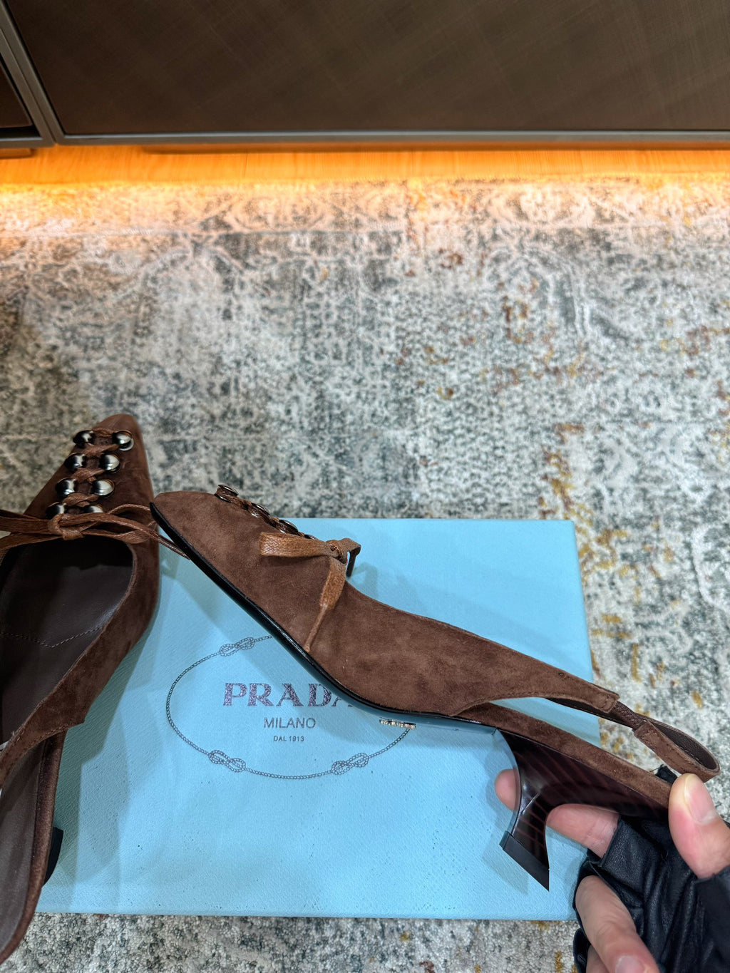 PRADA 26S POINTED TOE LACE UP SLINGBACK PUMPS 55MM IN DARK BROWN SUEDE