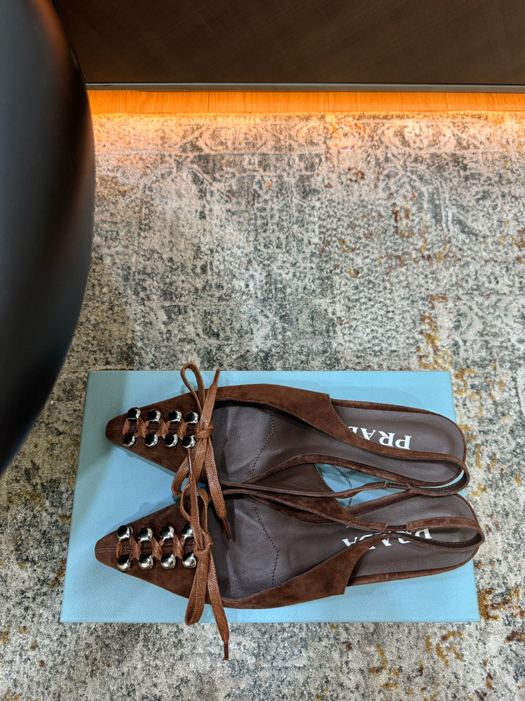 PRADA 26S POINTED TOE LACE UP SLINGBACK PUMPS 55MM IN DARK BROWN SUEDE