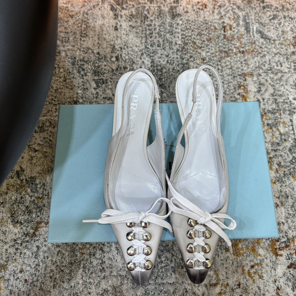 PRADA 26S POINTED TOE LACE UP SLINGBACK PUMPS 55MM IN WHITE CALFSKIN