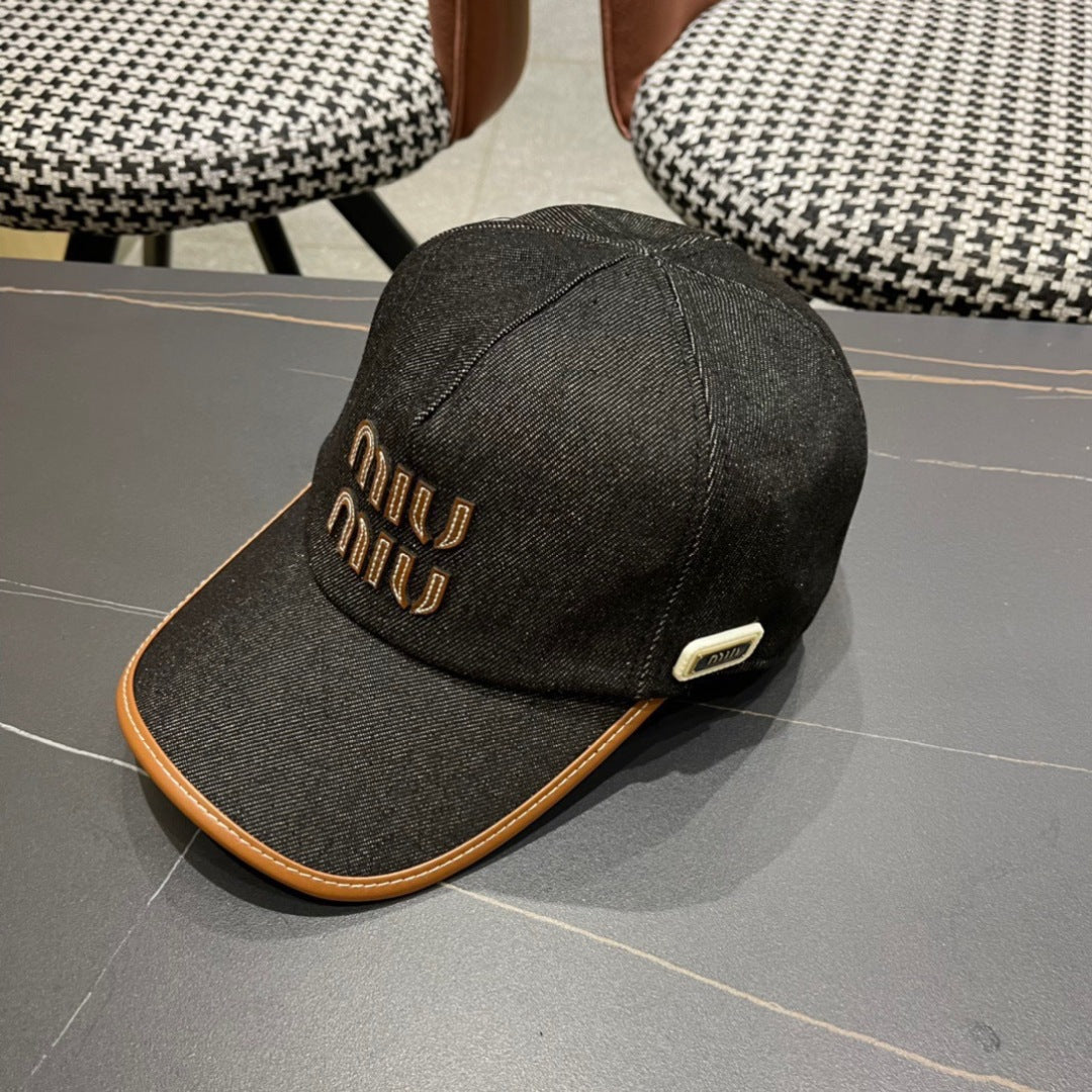 MIUMIU BASEBALL CAP IN BLACK DENIM AND CALFSKIN