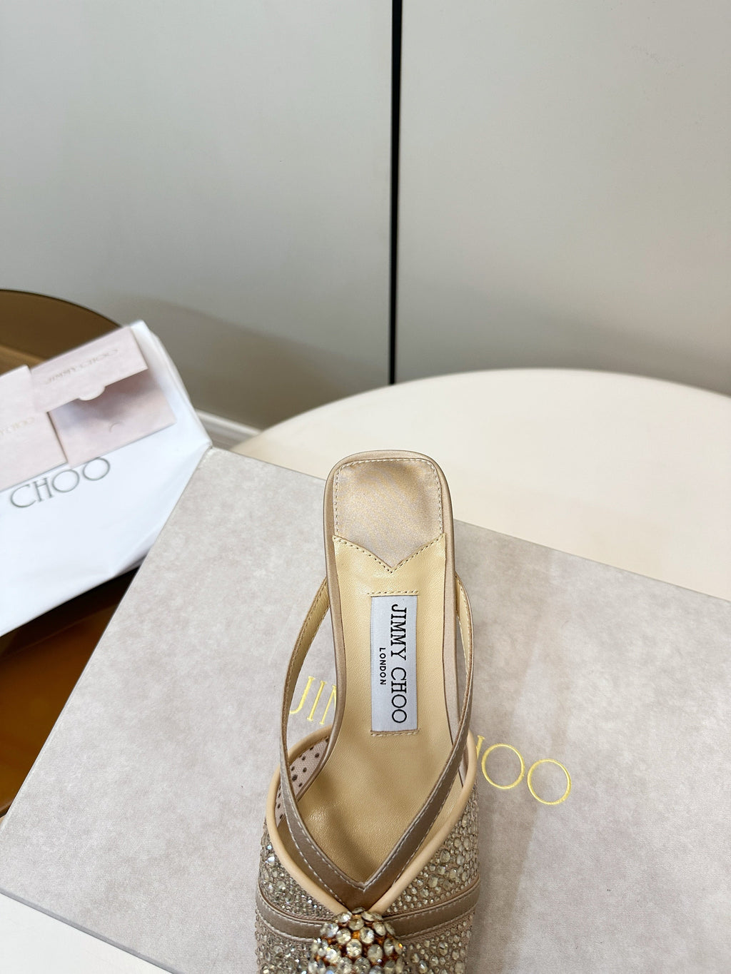 JIMMY CHOO 26S SACORA MULE 80 MM IN BEIGE CRYSTAL EMBELLISHMENT