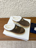 PRADA 25S PLATFORM FUR-LINED MULES IN EARTH BROWN SUEDE