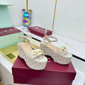 GG WEDGE HEELS IN STONE BEIGE FABRIC AND CALFSKIN WITH GOLD HARDWARE STYLE 5