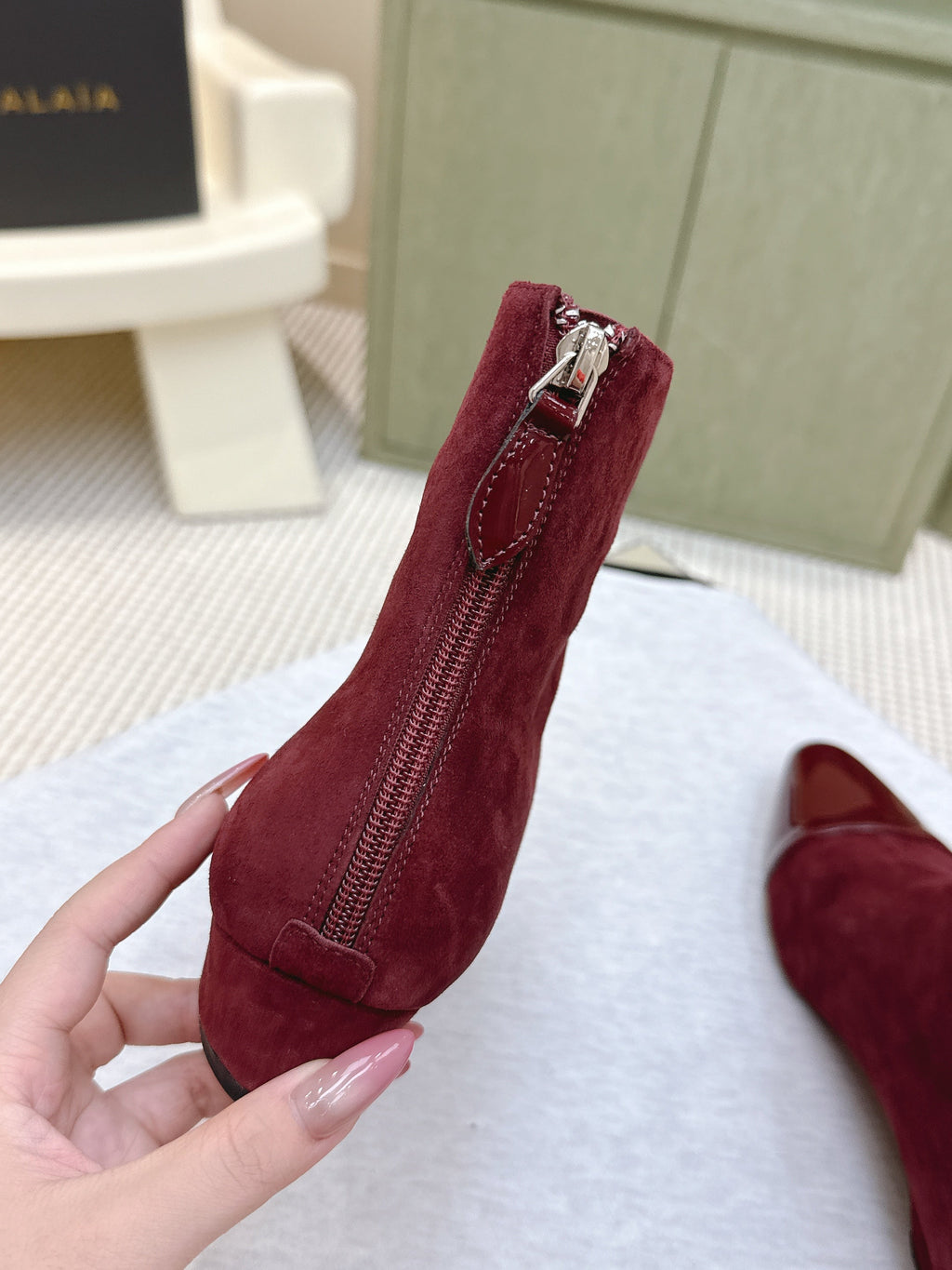 ALAIA 26S ANKLE BOOTS IN DARK RED SUEDE AND GLOSSY CALFSKIN