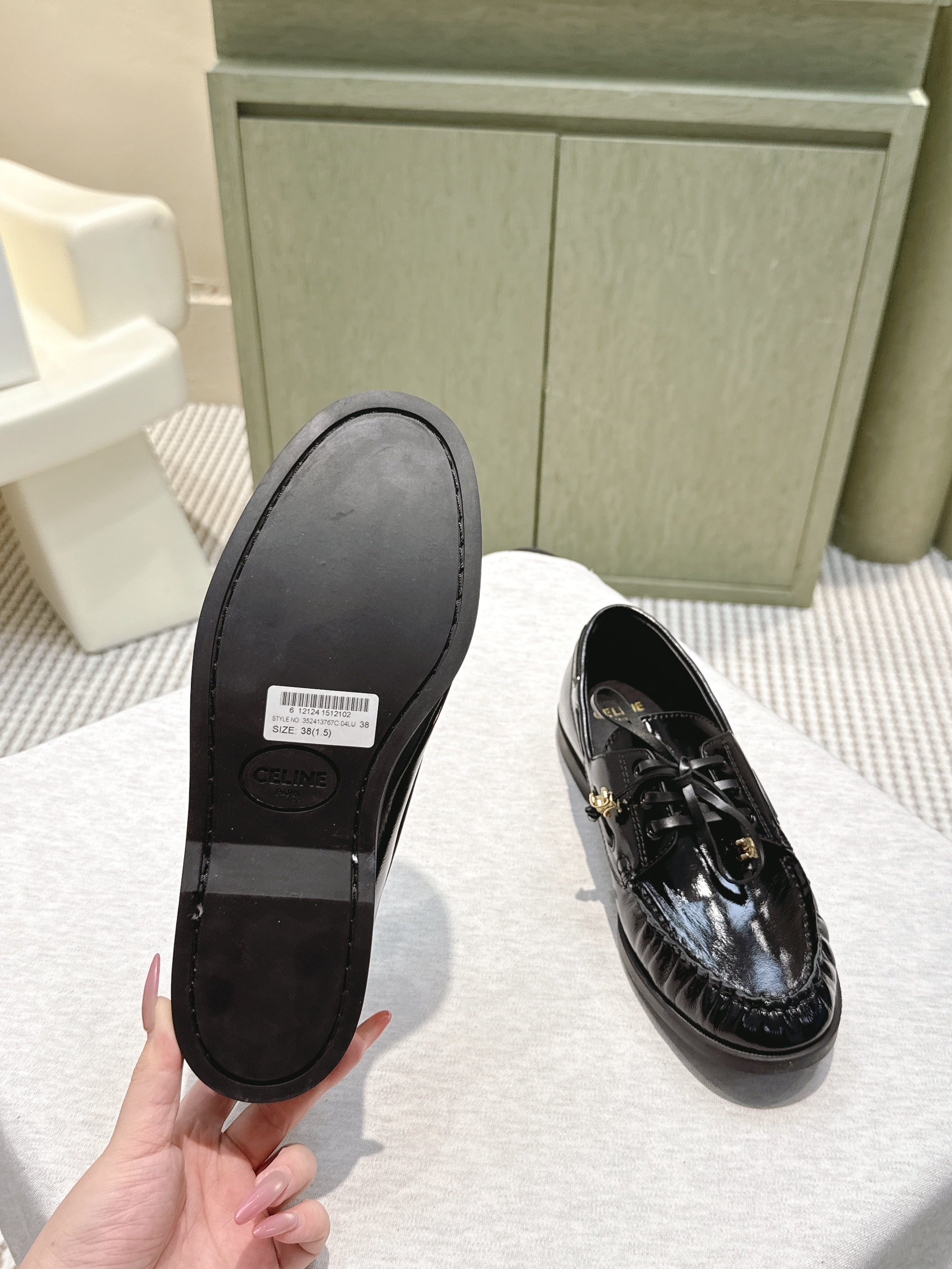 CELINE 26S LACE-UP LOAFERS IN BLACK GLOSSY CALFSKIN