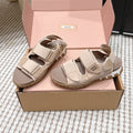 MIUMIU 26S VELCRO SANDALS IN LIGHT BROWN CALFSKIN AND NYLON SILVER HARDWARE
