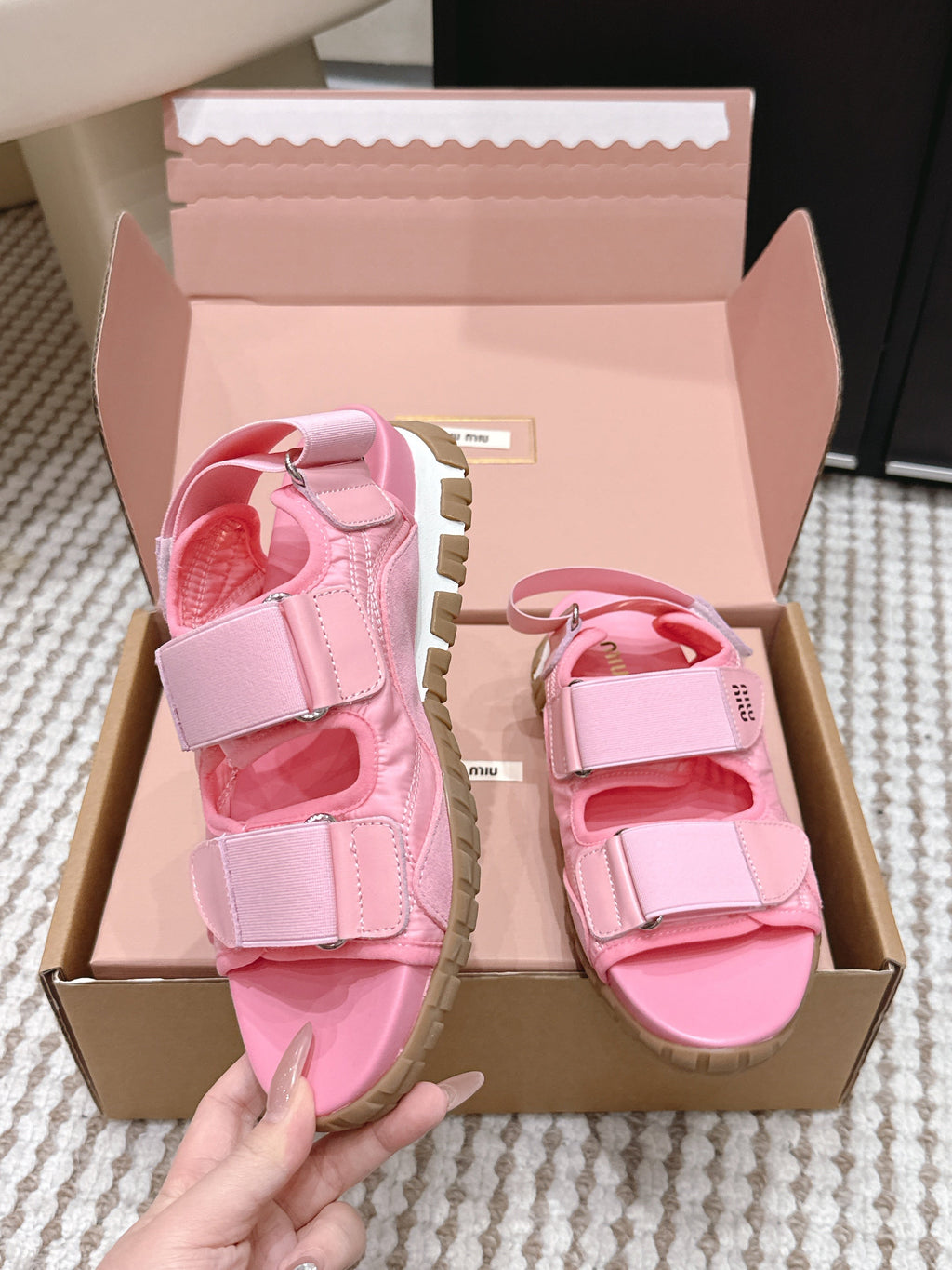 MIUMIU 26S VELCRO SANDALS IN PINK CALFSKIN AND NYLON SILVER HARDWARE