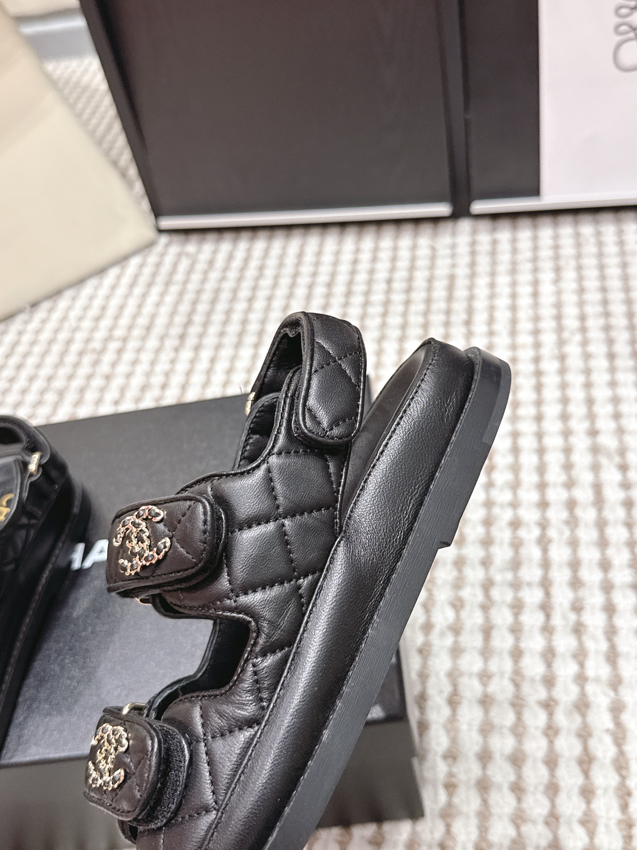 CHANEL 26S QUILTED DAD SANDALS IN BLACK CALFSKIN