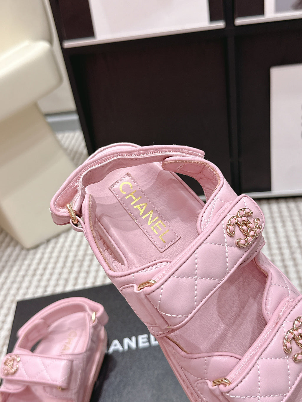 CHANEL 26S QUILTED DAD SANDALS IN LIGHT PINK CALFSKIN