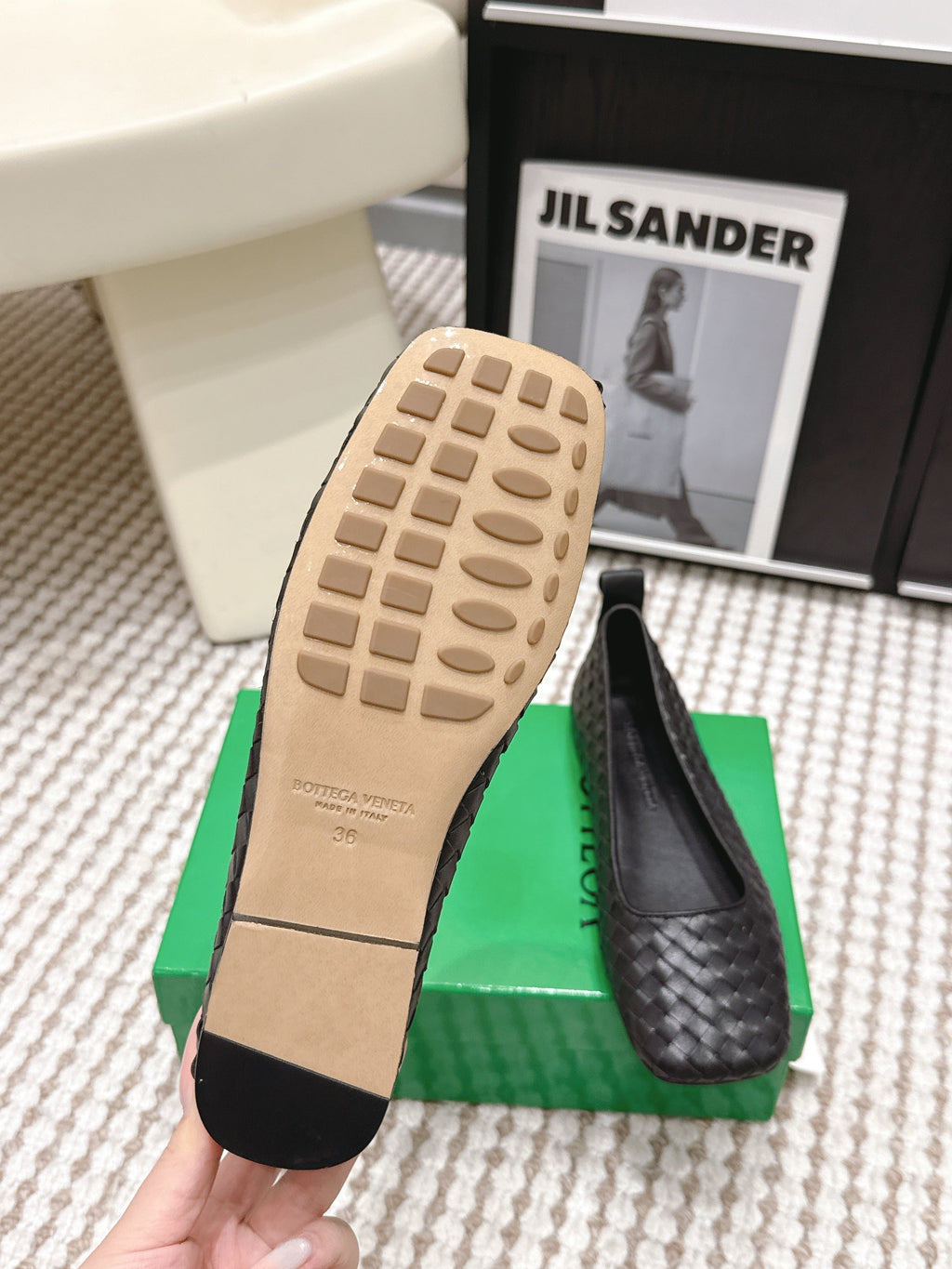 BOTTEGA VENETA 26S SQUARE-TOE FLATS IN BLACK TECHNICAL WOVEN LAMBSKIN