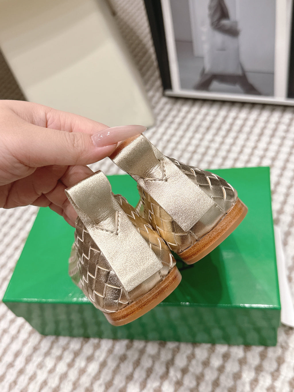 BOTTEGA VENETA 26S SQUARE-TOE FLATS IN LIGHT METALLIC GOLD TECHNICAL WOVEN LAMBSKIN