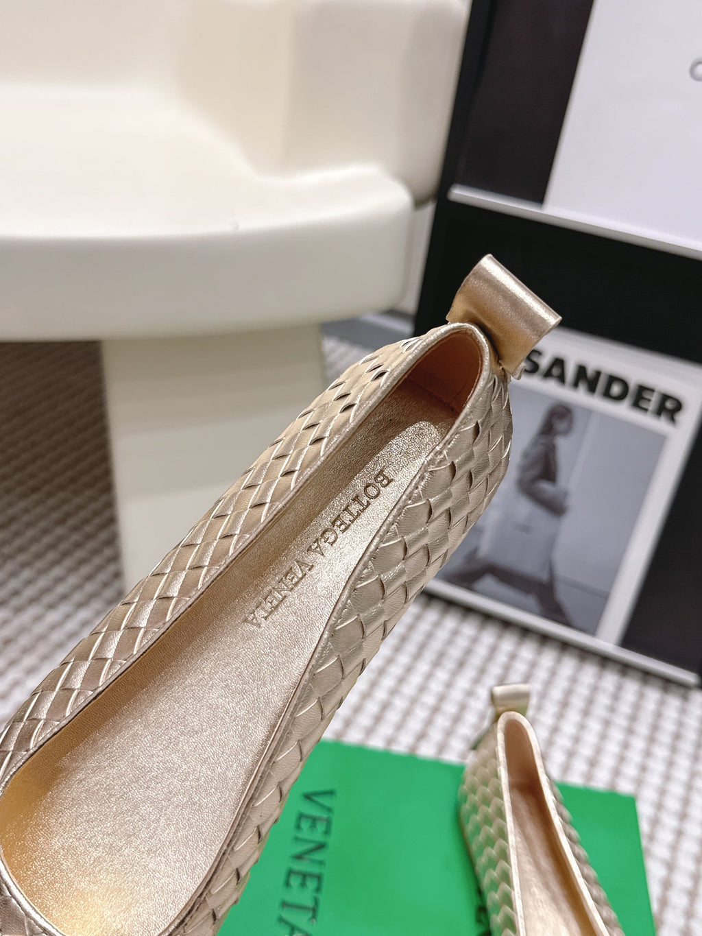 BOTTEGA VENETA 26S SQUARE-TOE FLATS IN LIGHT METALLIC GOLD TECHNICAL WOVEN LAMBSKIN