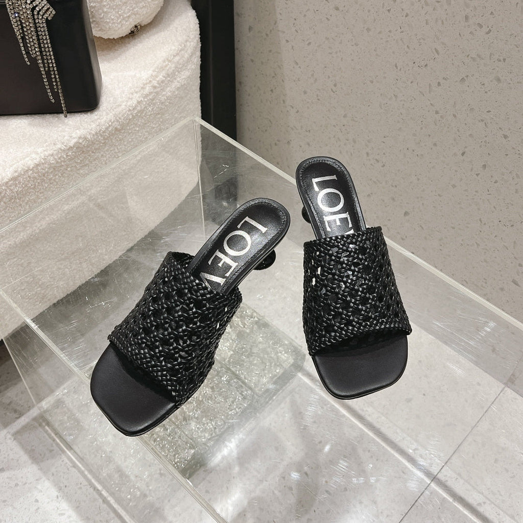 LOEWE 26S WOVEN HEEL SANDALS 50 MM IN BLACK LAMBSKIN