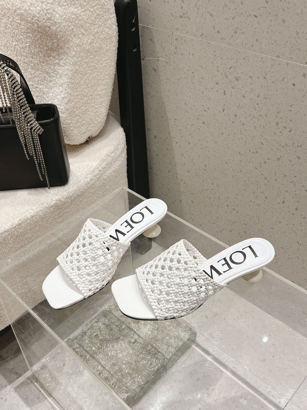 LOEWE 26S WOVEN HEEL SANDALS 50 MM IN WHITE LAMBSKIN