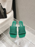 LOEWE 26S WOVEN HEEL SANDALS 50 MM IN GREEN LAMBSKIN