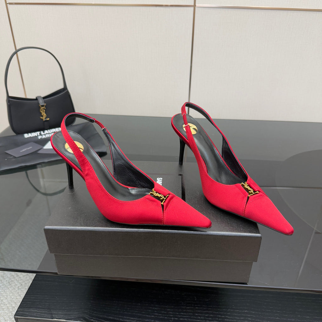 YSL 25S SLINGBACK HIGH HEELS 90 MM IN RED SATIN WITH GOLD HARDWARE STYLE 14