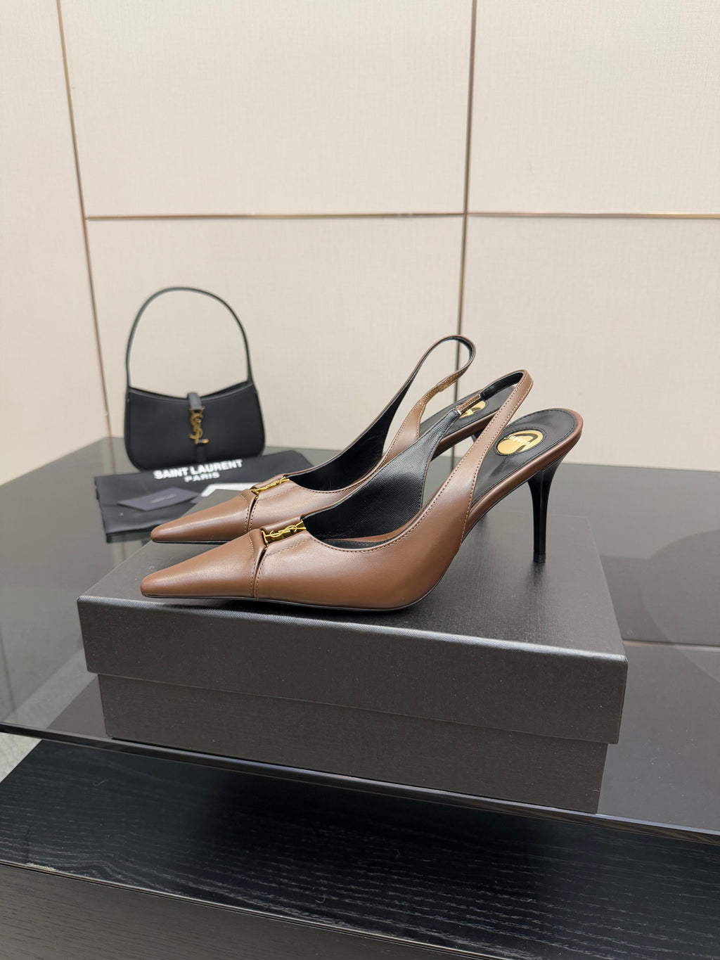 YSL 25S SLINGBACK HIGH HEELS 90 MM IN CHESTNUT BROWN LAMBSKIN WITH GOLD HARDWARE STYLE 1
