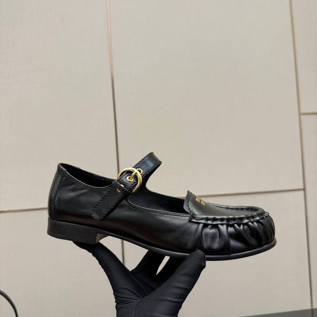 MIUMIU 25S LOAFERS WITH STRAP IN BLACK LAMBSKIN