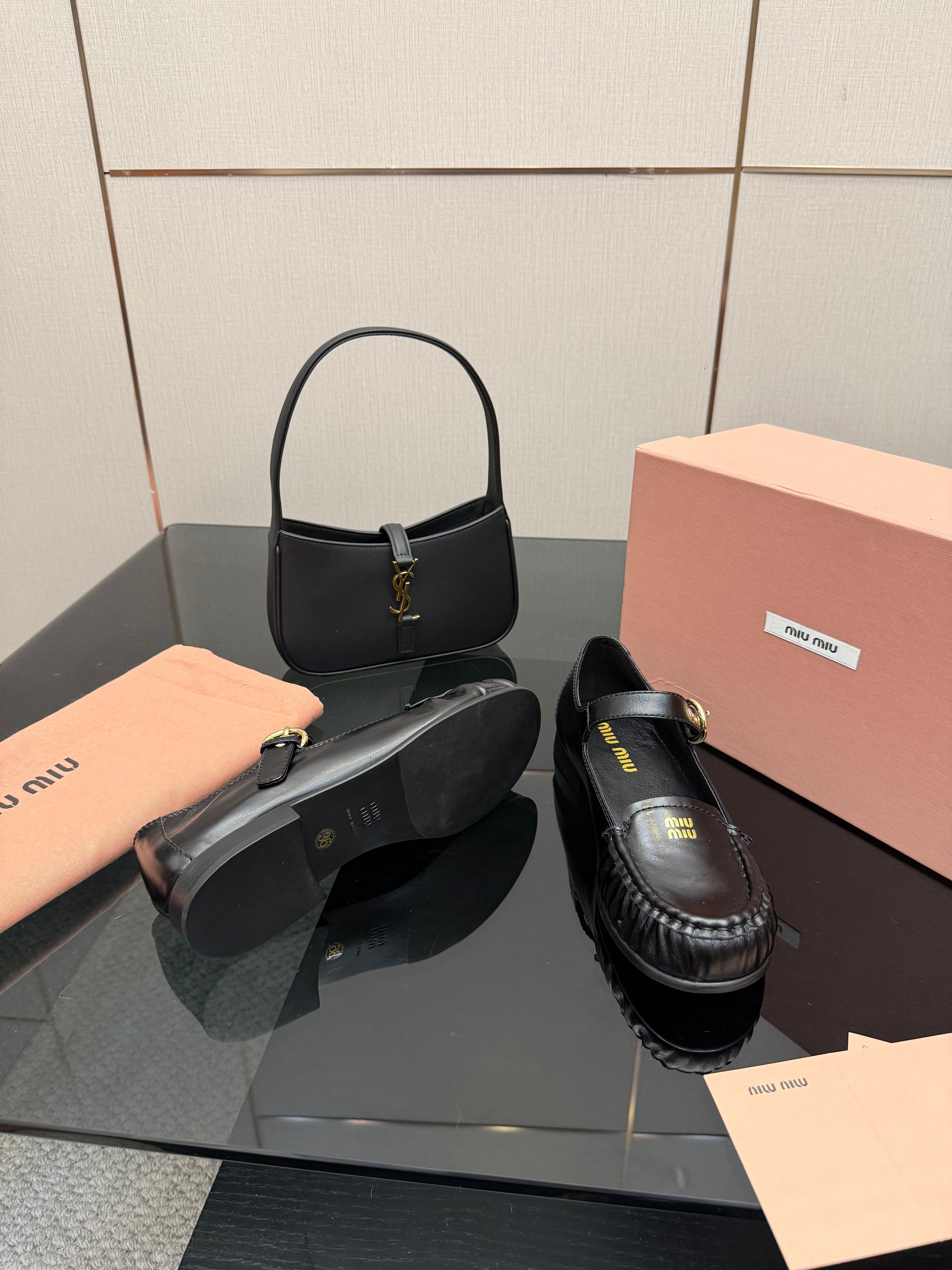 MIUMIU 25S LOAFERS WITH STRAP IN BLACK LAMBSKIN