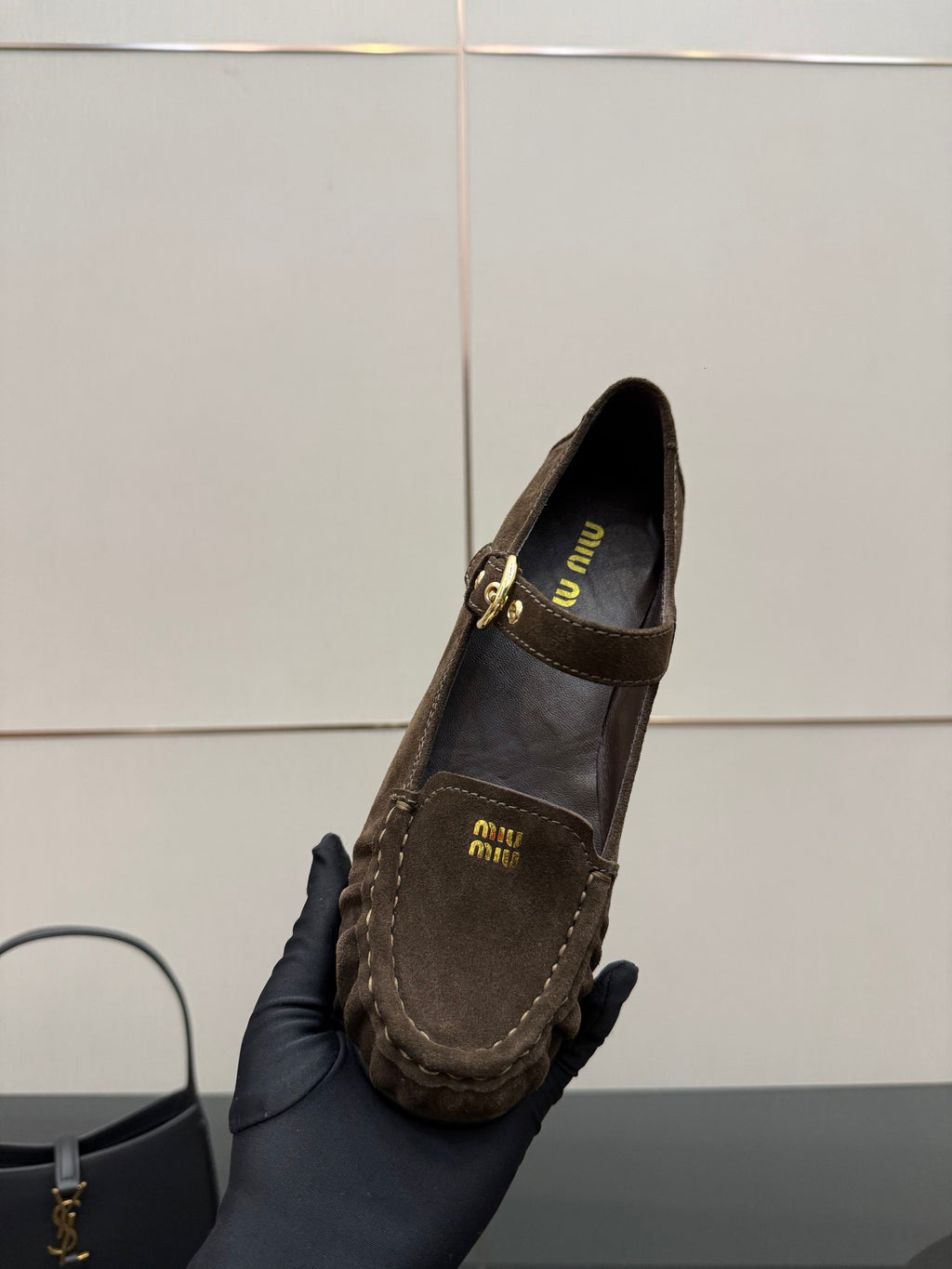 MIUMIU 25S LOAFERS WITH STRAP IN DARK BROWN SUEDE