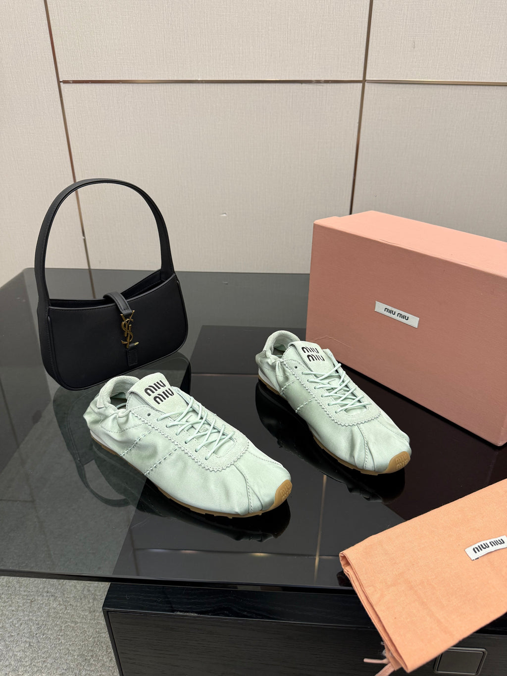 MIUMIU 25S SNEAKERS IN POWDER BLUE PLUME SATIN