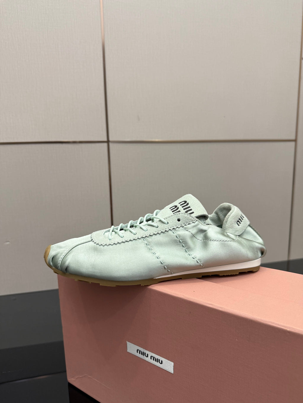 MIUMIU 25S SNEAKERS IN POWDER BLUE PLUME SATIN