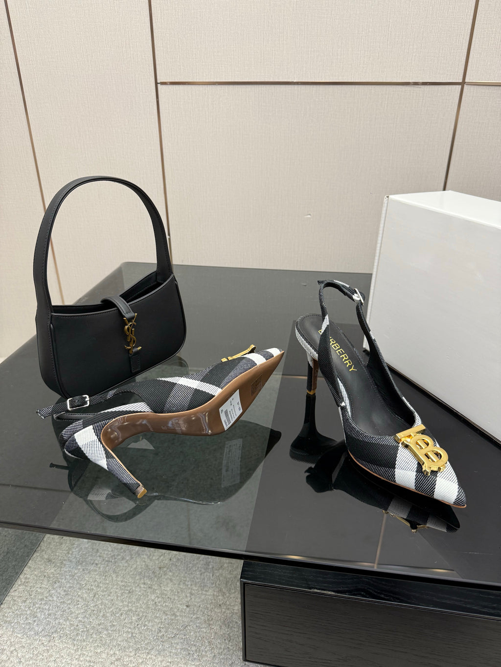 BURBERRY 26S SLINGBACK HEELS 85 MM IN STRIPED COLOR COORDINATION FABRIC WITH GOLD HARDWARE STYLE 6