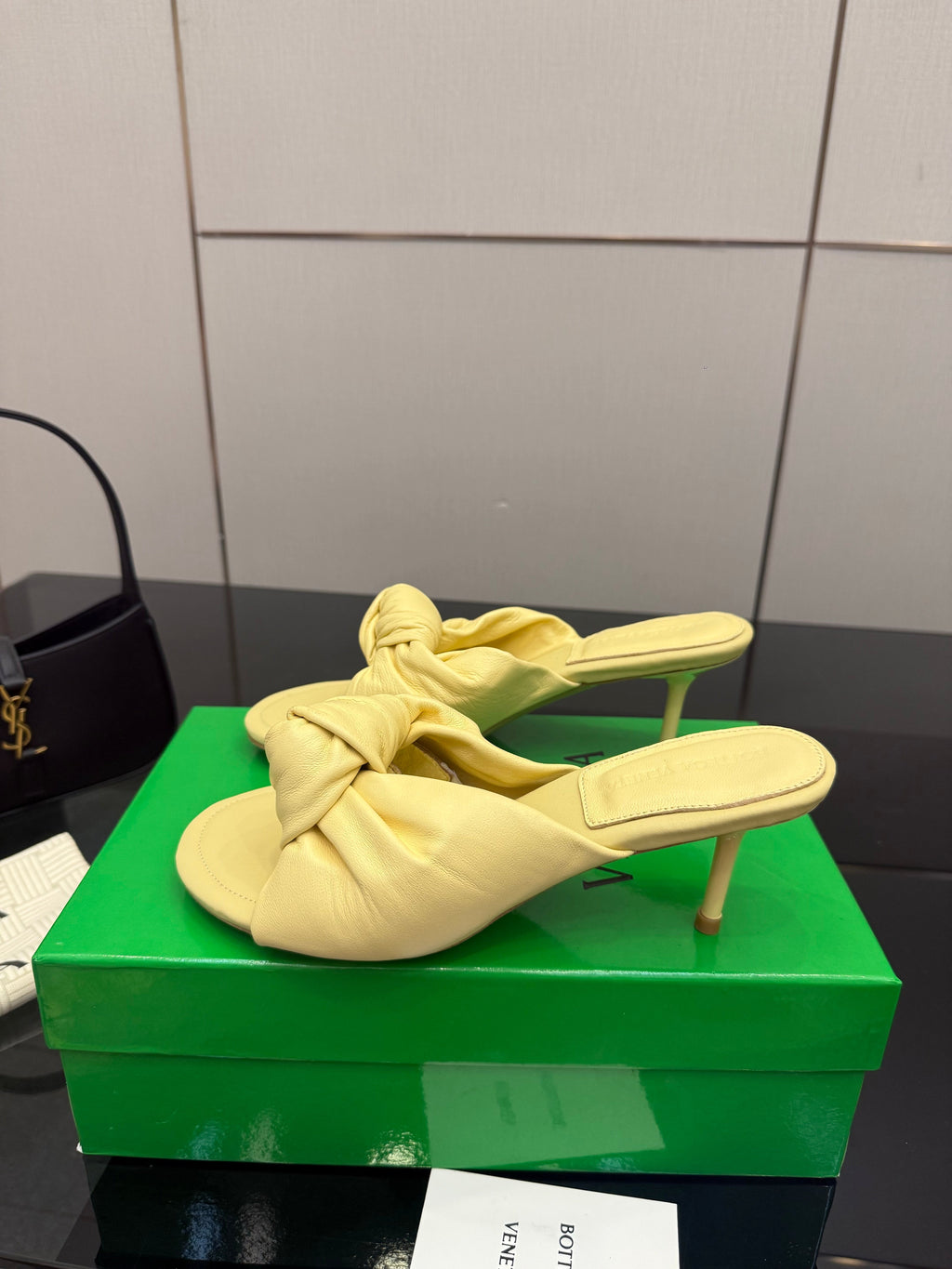 BOTTEGA VENETA 26S KNOT-STRAP HIGH-HEEL SANDALS IN YELLOW LAMBSKIN