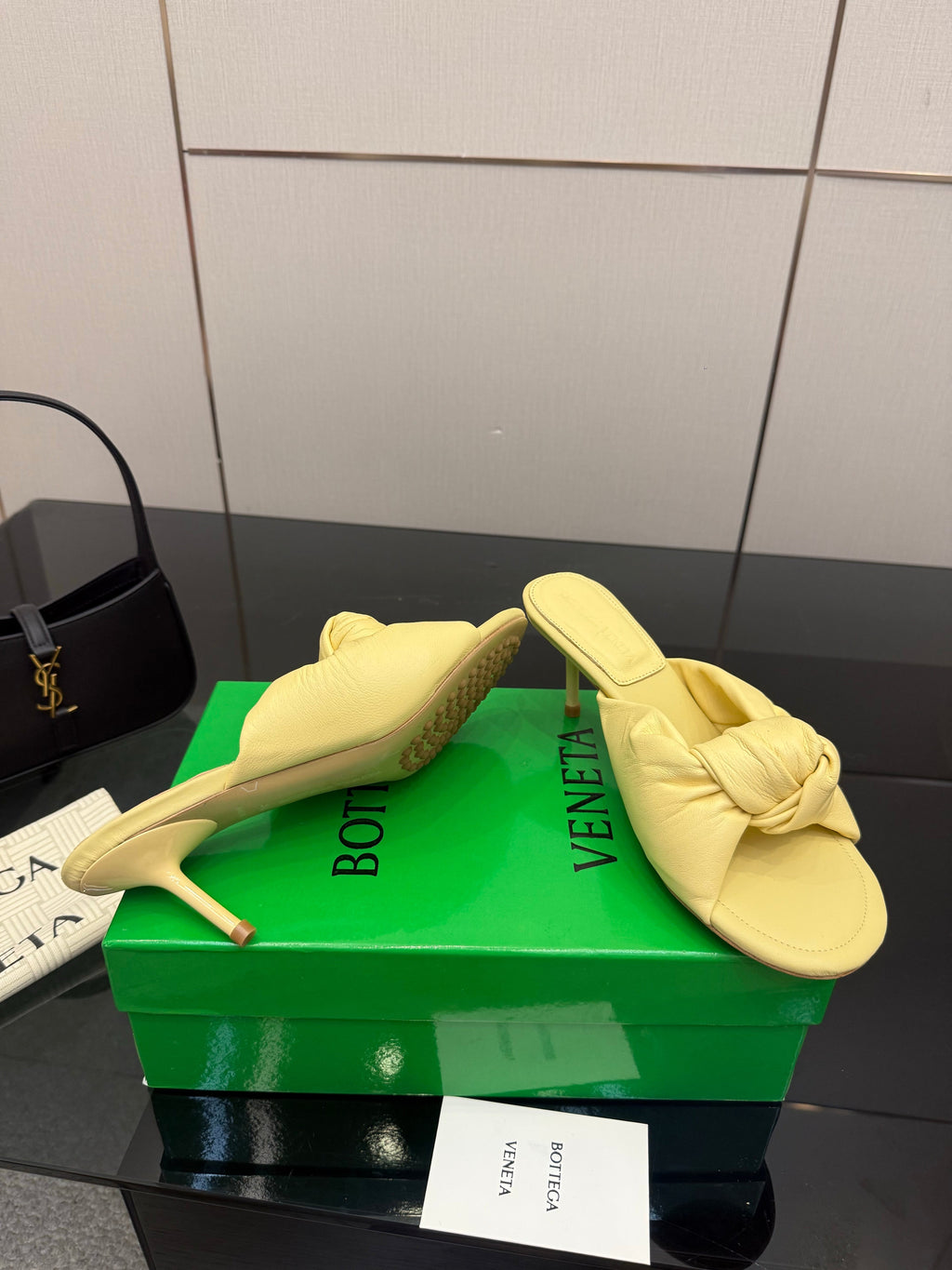 BOTTEGA VENETA 26S KNOT-STRAP HIGH-HEEL SANDALS IN YELLOW LAMBSKIN