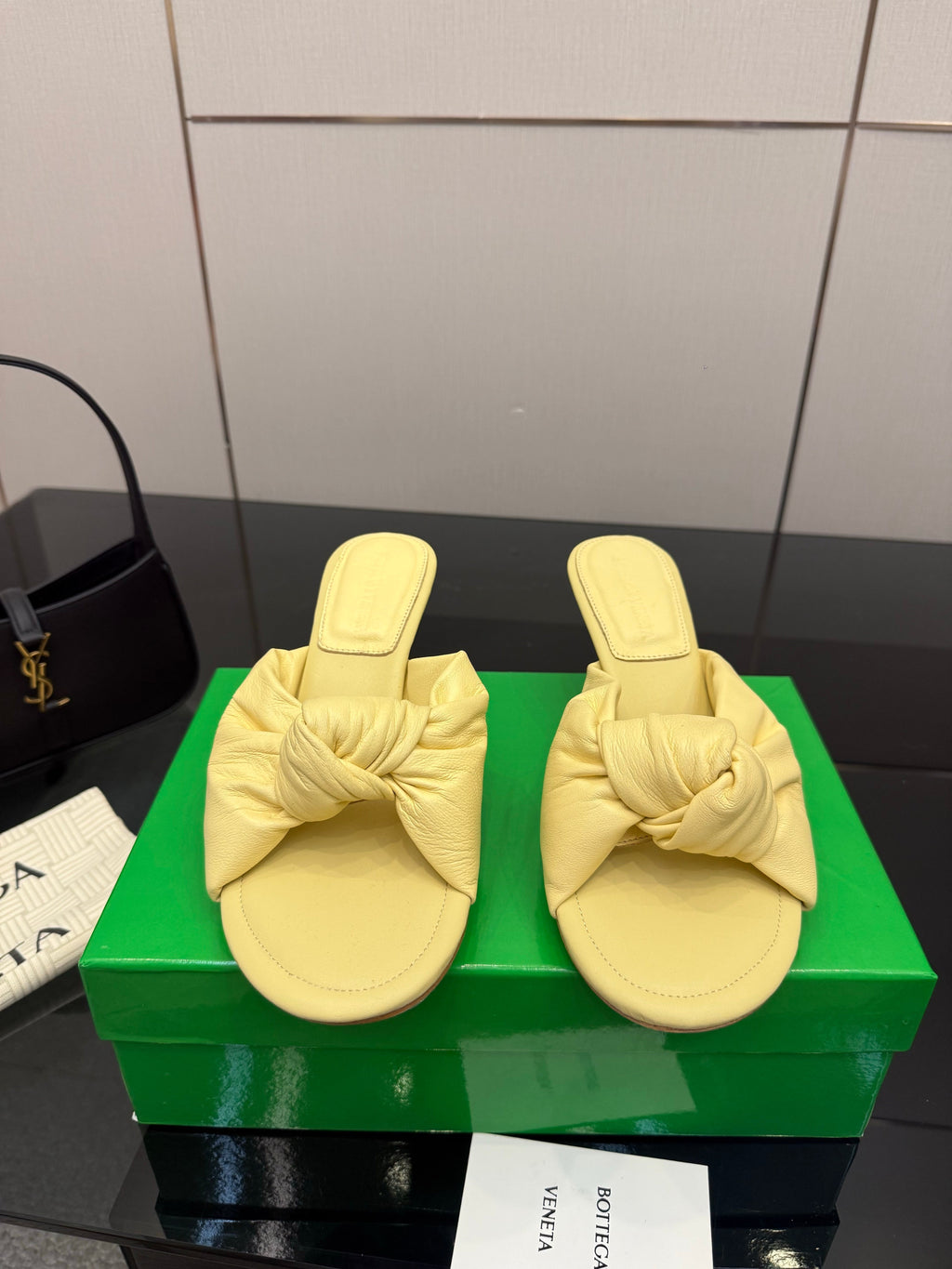 BOTTEGA VENETA 26S KNOT-STRAP HIGH-HEEL SANDALS IN YELLOW LAMBSKIN