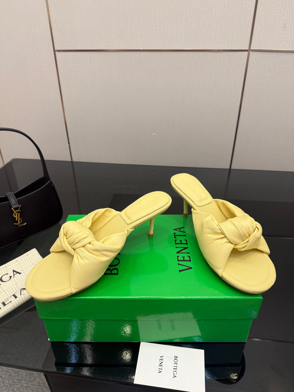 BOTTEGA VENETA 26S KNOT-STRAP HIGH-HEEL SANDALS IN YELLOW LAMBSKIN