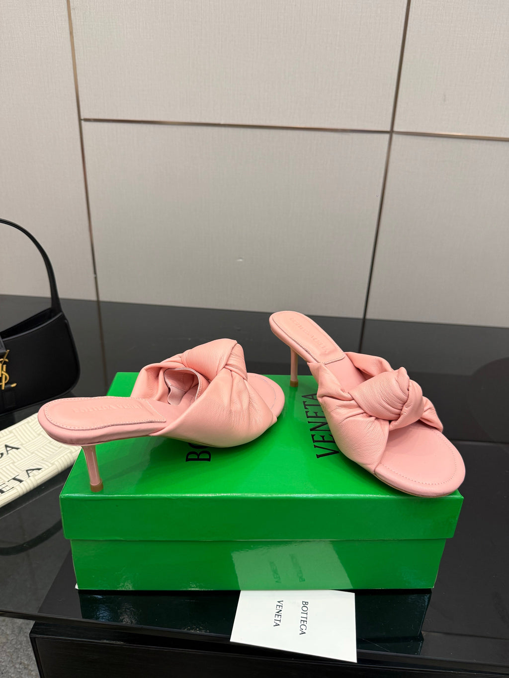 BOTTEGA VENETA 26S KNOT-STRAP HIGH-HEEL SANDALS IN PASTEL PINK LAMBSKIN