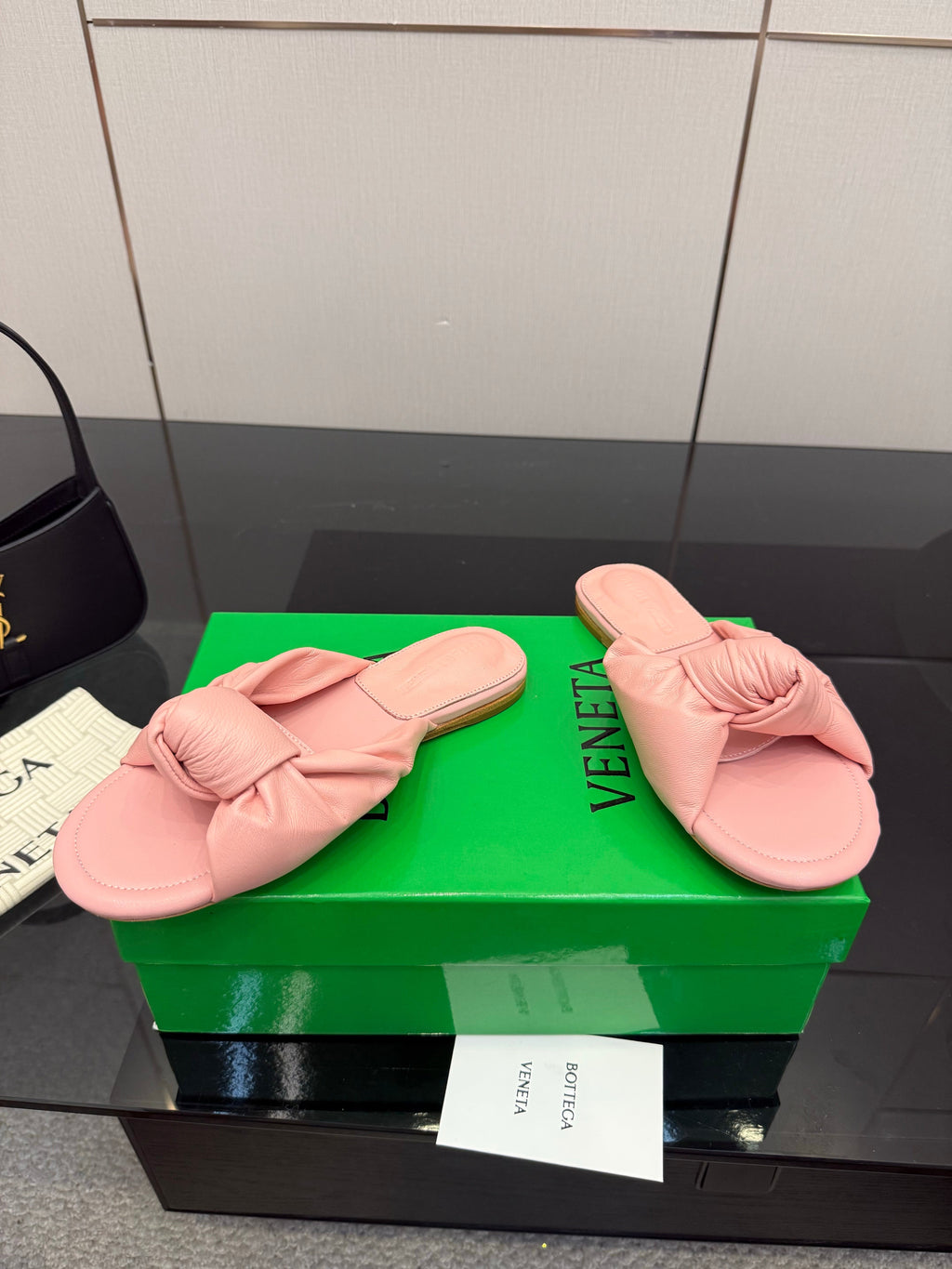 BOTTEGA VENETA 26S SLIDE SANDALS IN PASTEL PINK LAMBSKIN