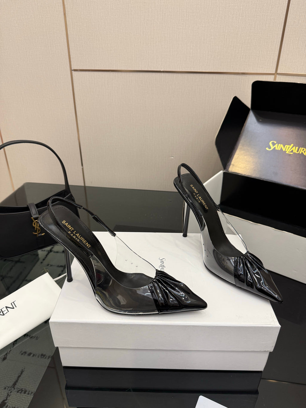 YSL 26S PLEATED SLINGBACK HEELS 105 MM IN BLACK GLOSSY CALFSKIN AND PVC