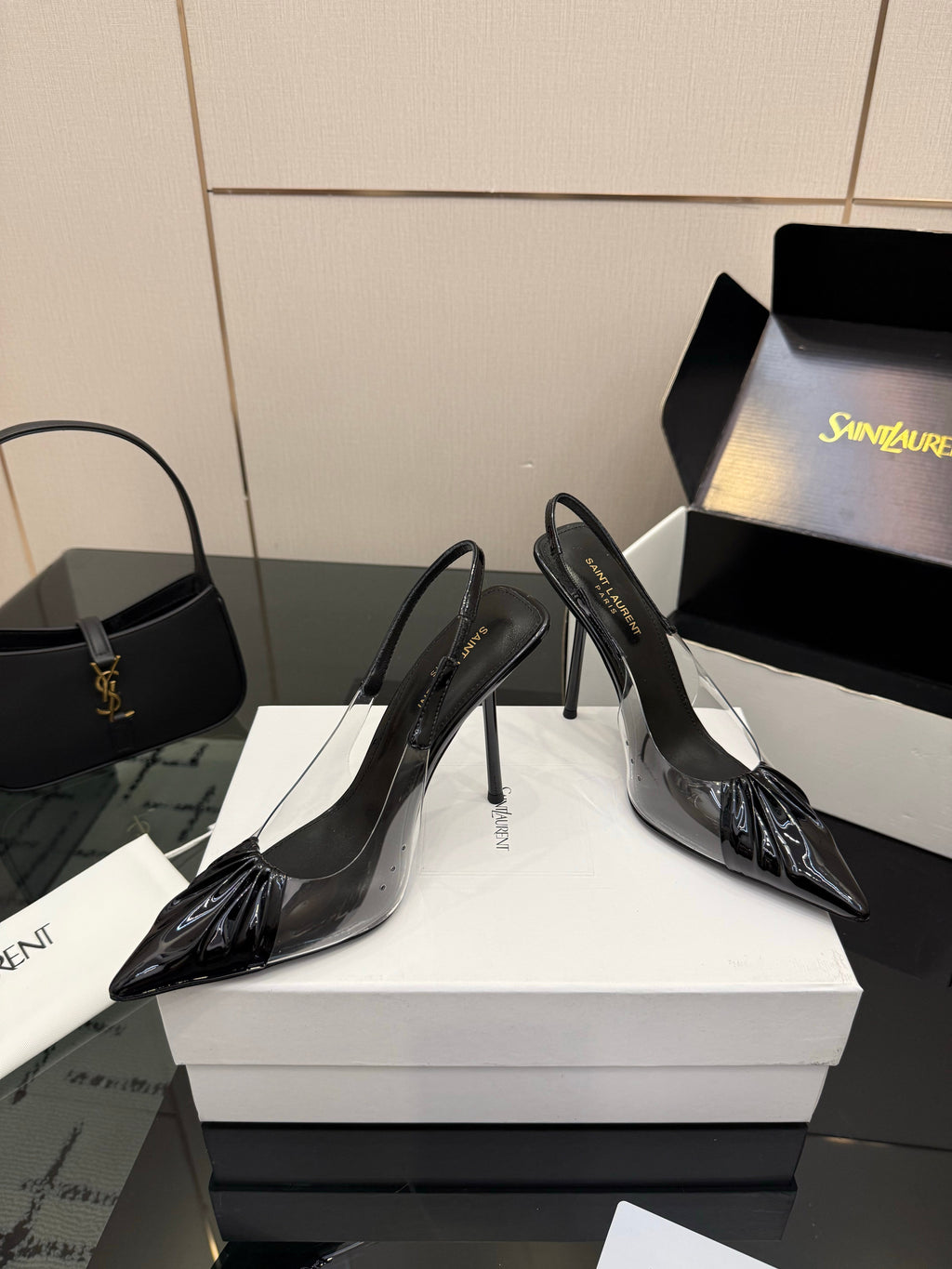 YSL 26S PLEATED SLINGBACK HEELS 105 MM IN BLACK GLOSSY CALFSKIN AND PVC