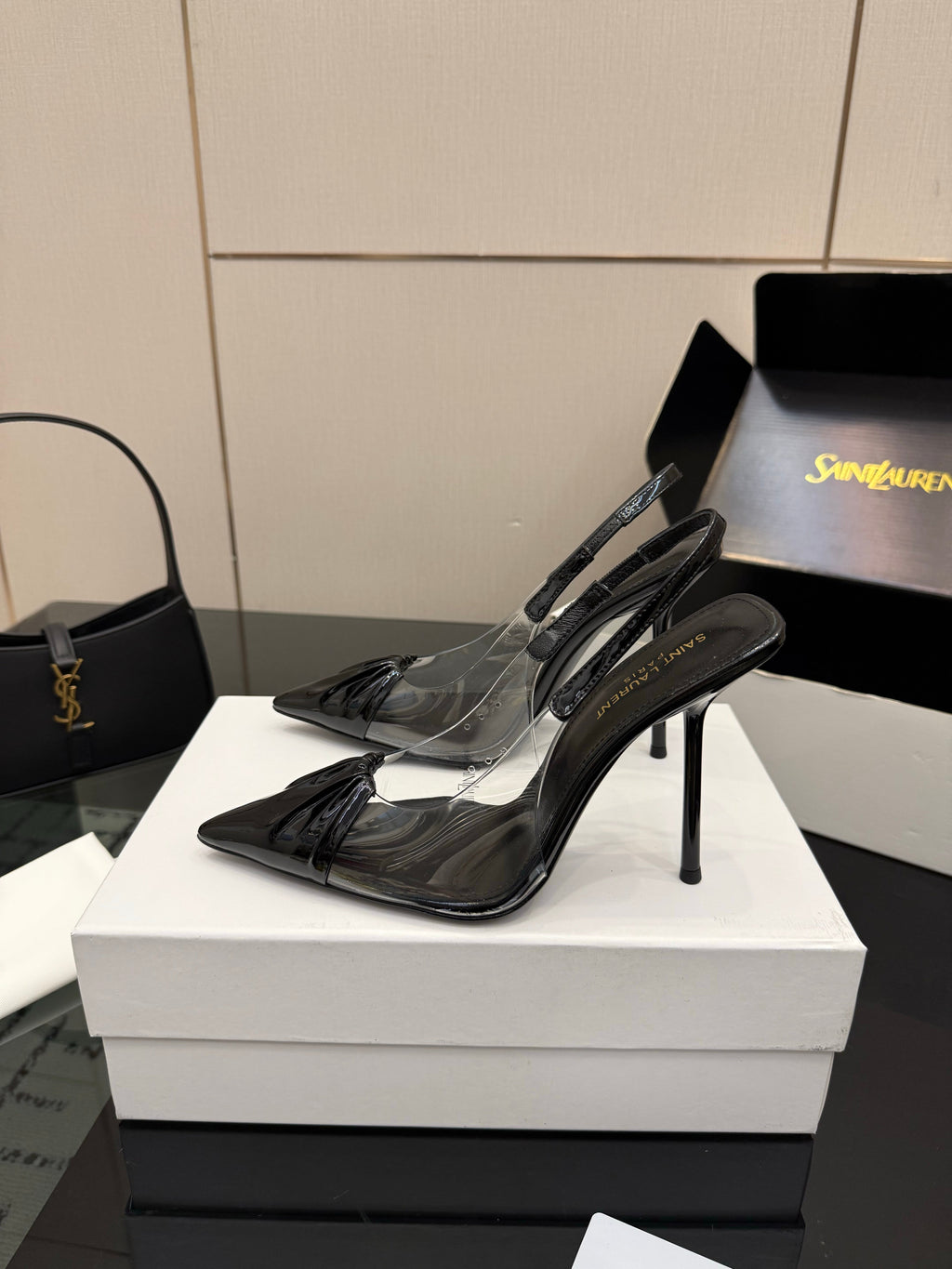 YSL 26S PLEATED SLINGBACK HEELS 105 MM IN BLACK GLOSSY CALFSKIN AND PVC