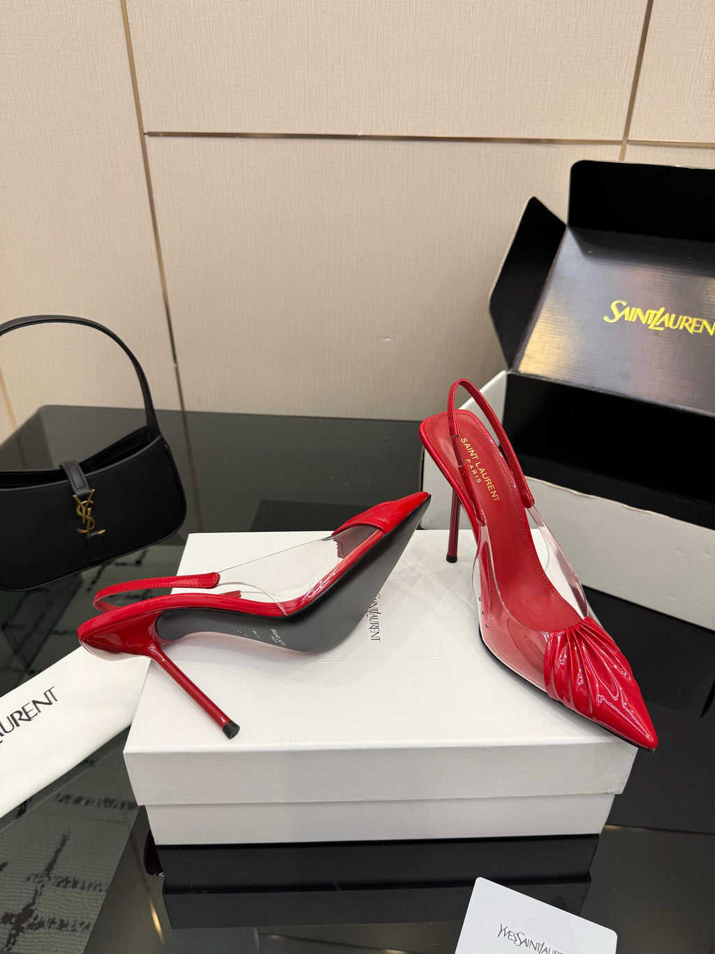 YSL 26S PLEATED SLINGBACK HEELS 105 MM IN RED GLOSSY CALFSKIN AND PVC