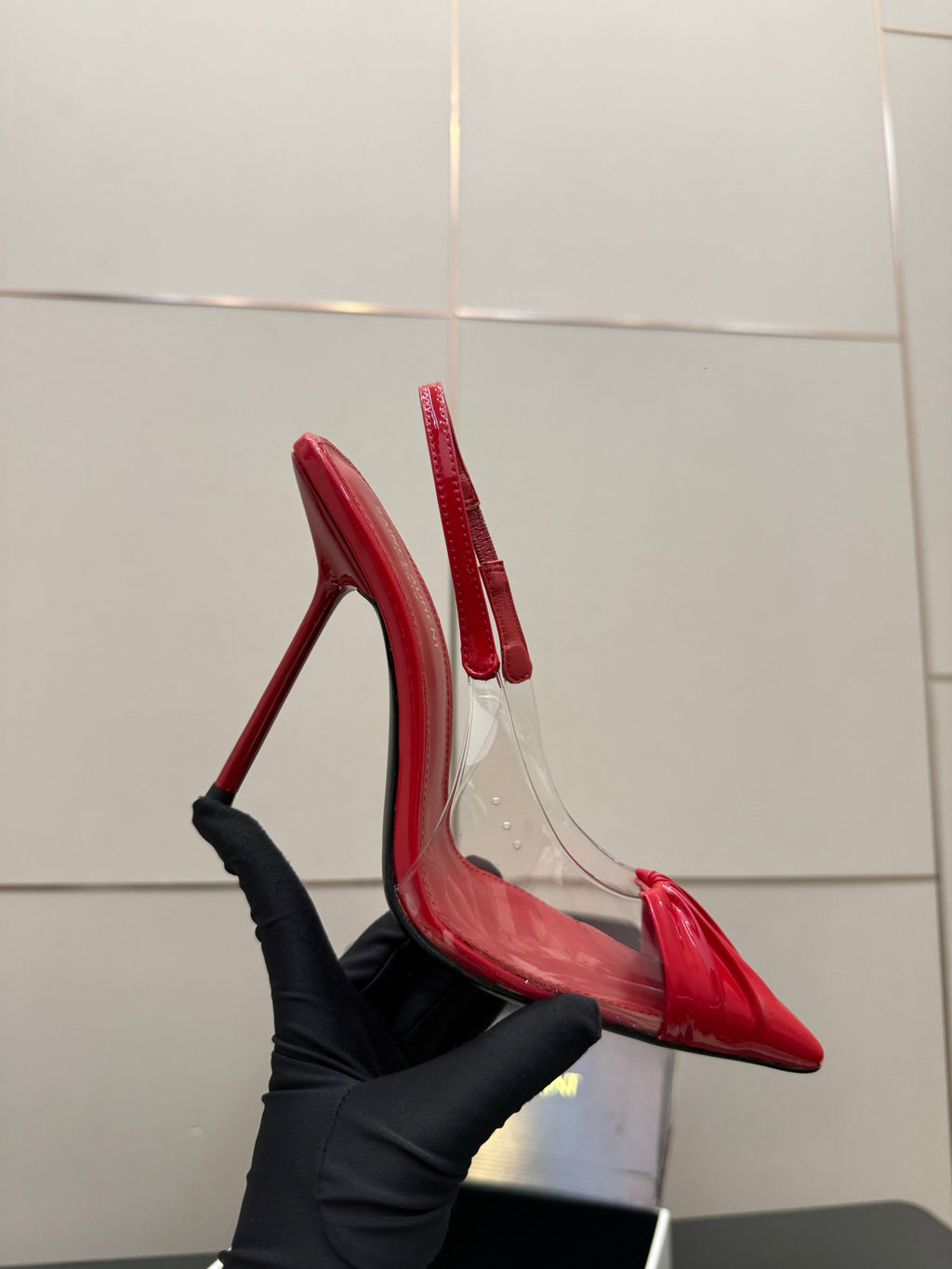 YSL 26S PLEATED SLINGBACK HEELS 105 MM IN RED GLOSSY CALFSKIN AND PVC