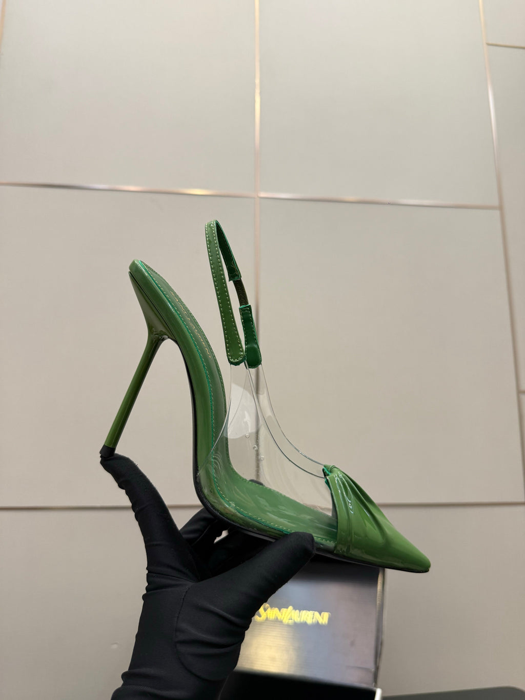 YSL 26S PLEATED SLINGBACK HEELS 105 MM IN GREEN GLOSSY CALFSKIN AND PVC