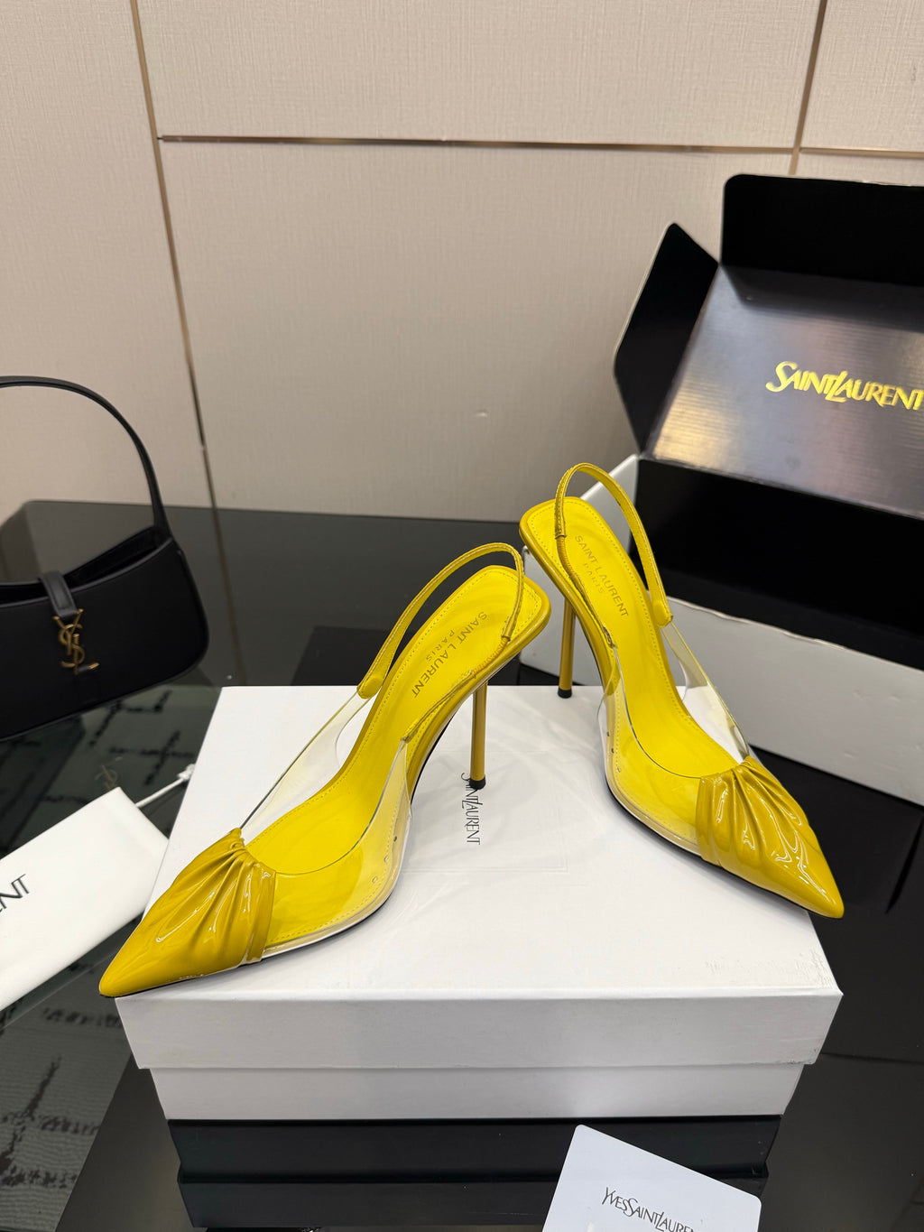 YSL 26S PLEATED SLINGBACK HEELS 105 MM IN YELLOW GLOSSY CALFSKIN AND PVC