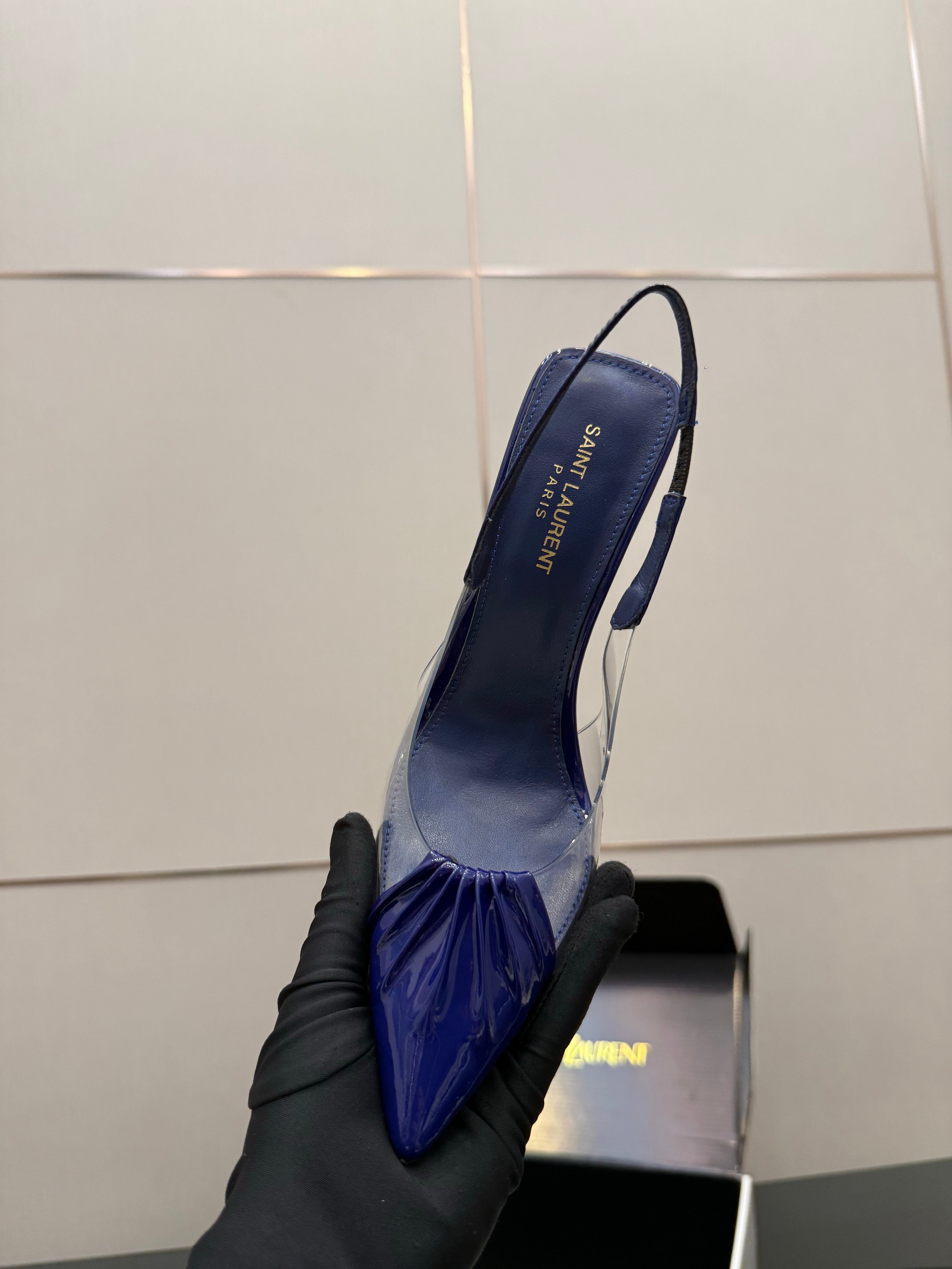 YSL 26S PLEATED SLINGBACK HEELS 105 MM IN NAVY BLUE GLOSSY CALFSKIN AND PVC