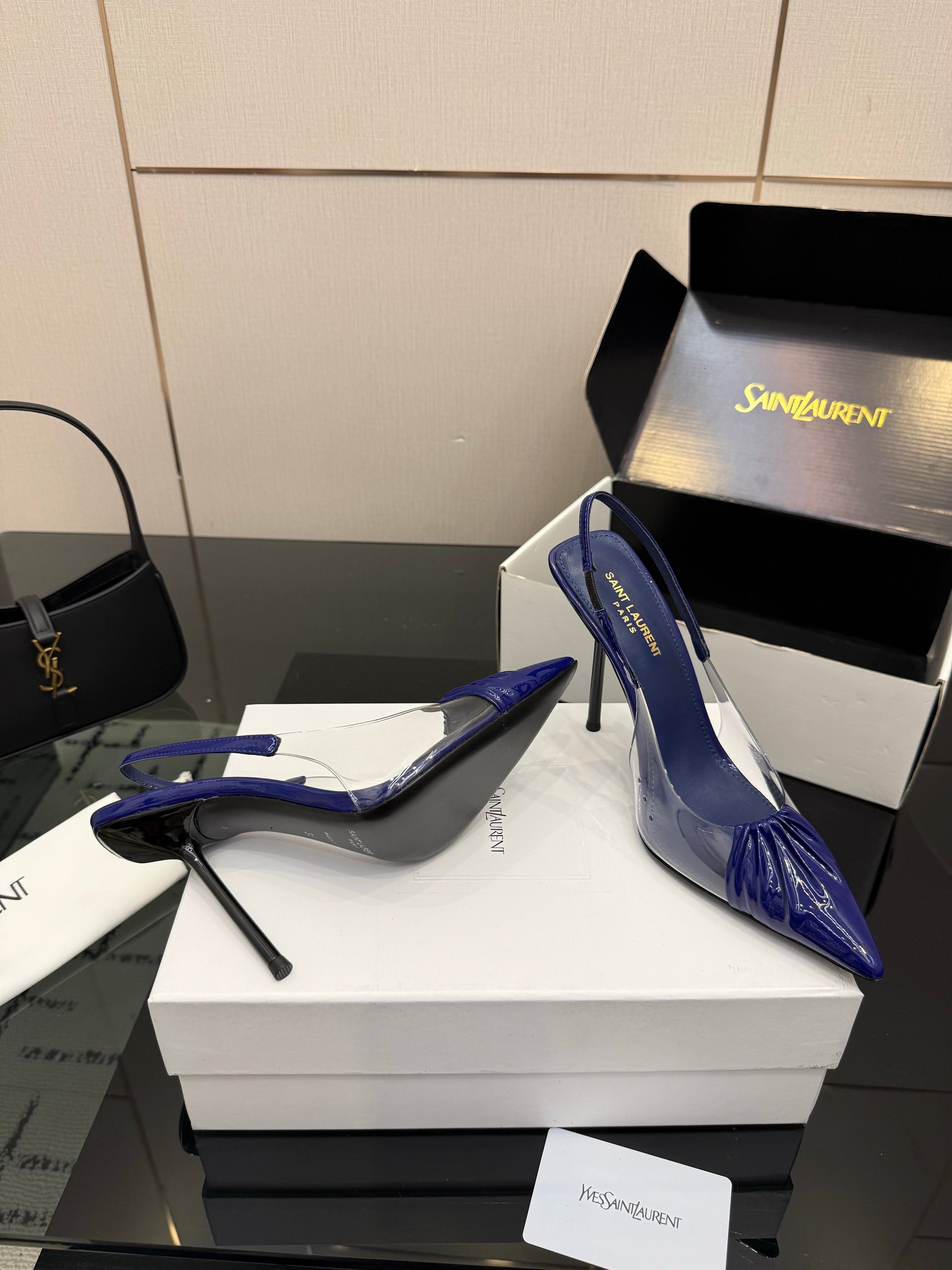 YSL 26S PLEATED SLINGBACK HEELS 105 MM IN NAVY BLUE GLOSSY CALFSKIN AND PVC