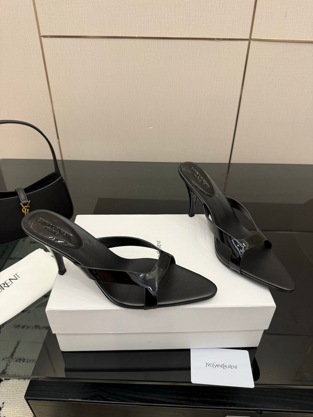 YSL 26S POINTED-TOE SANDALS 90 MM IN BLACK CALFSKIN