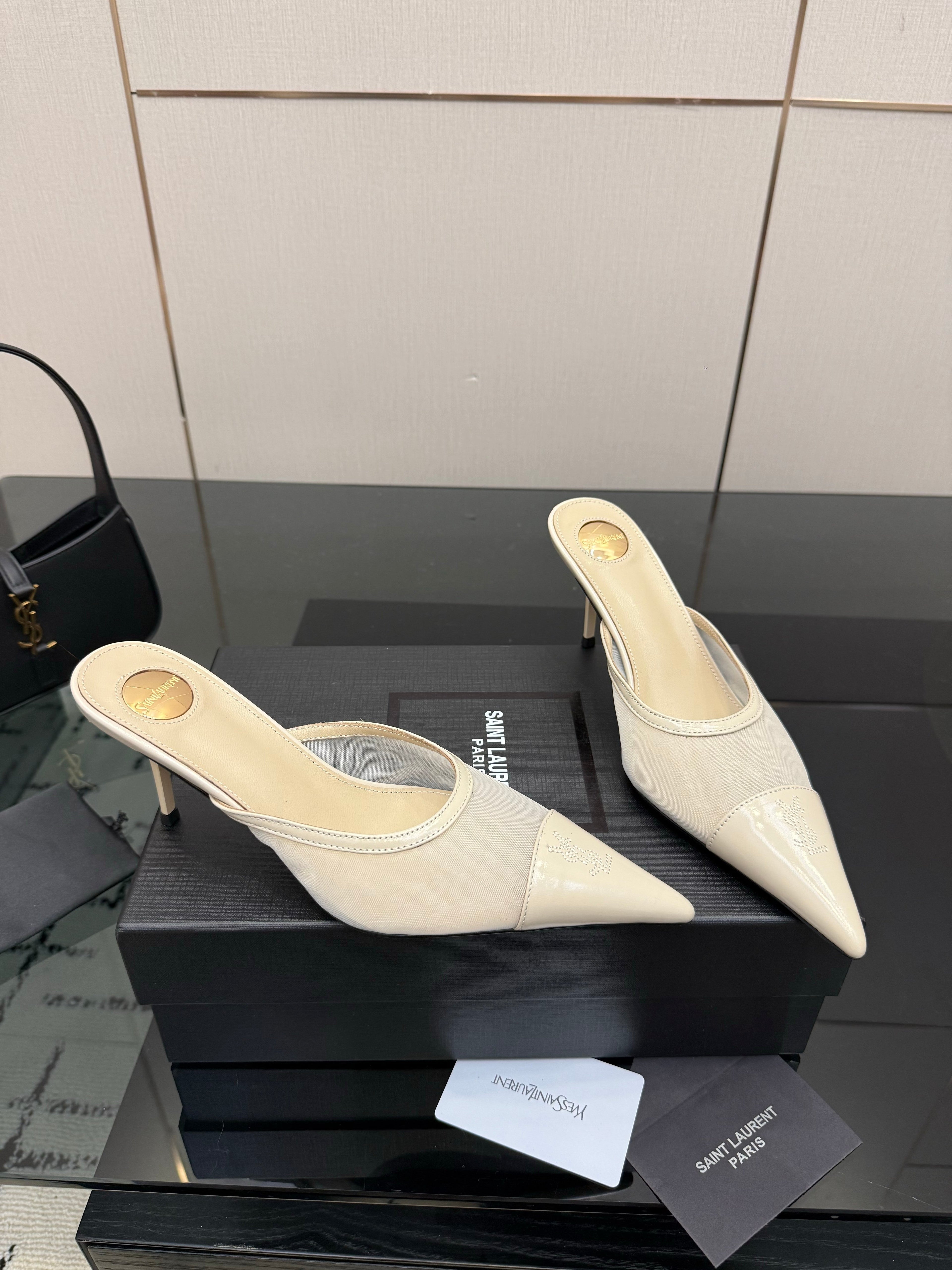 YSL 26S HIGH-HEEL MULES IN BEIGE CALFSKIN AND MESH FABRIC