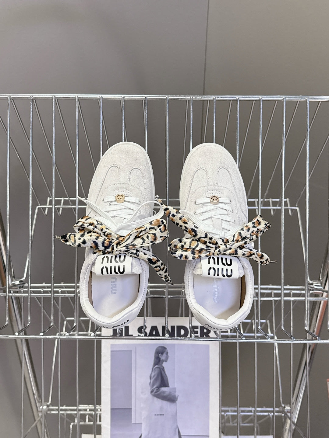 MIUMIU 25S SNEAKERS IN WHITE SUEDE WITH LEOPARD-PRINT LACES