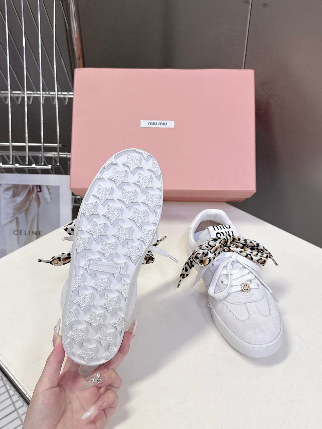MIUMIU 25S SNEAKERS IN WHITE SUEDE WITH LEOPARD-PRINT LACES