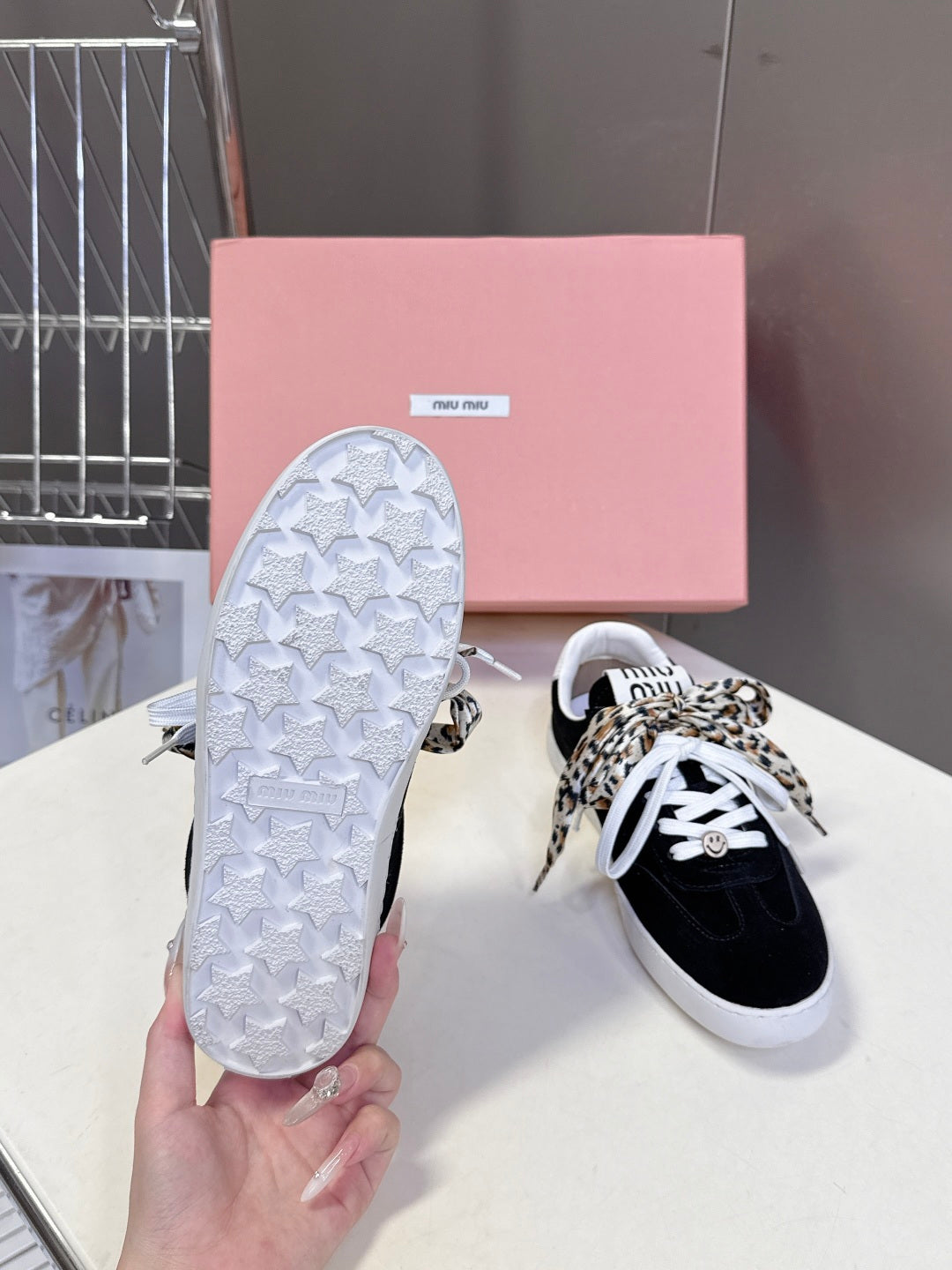 MIUMIU 25S SNEAKERS IN BLACK SUEDE WITH LEOPARD-PRINT LACES