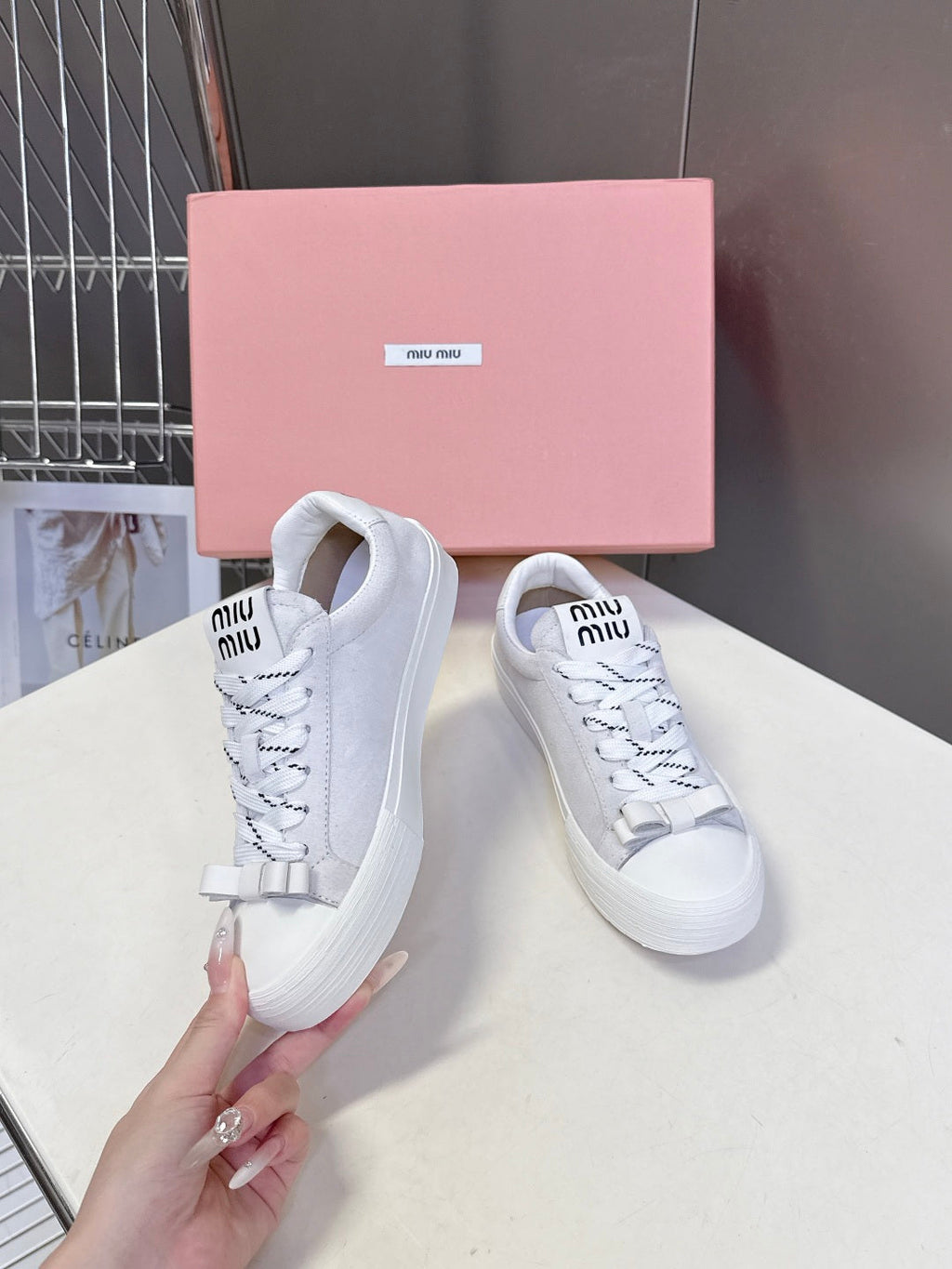 MIUMIU 25S SNEAKERS IN WHITE SUEDE
