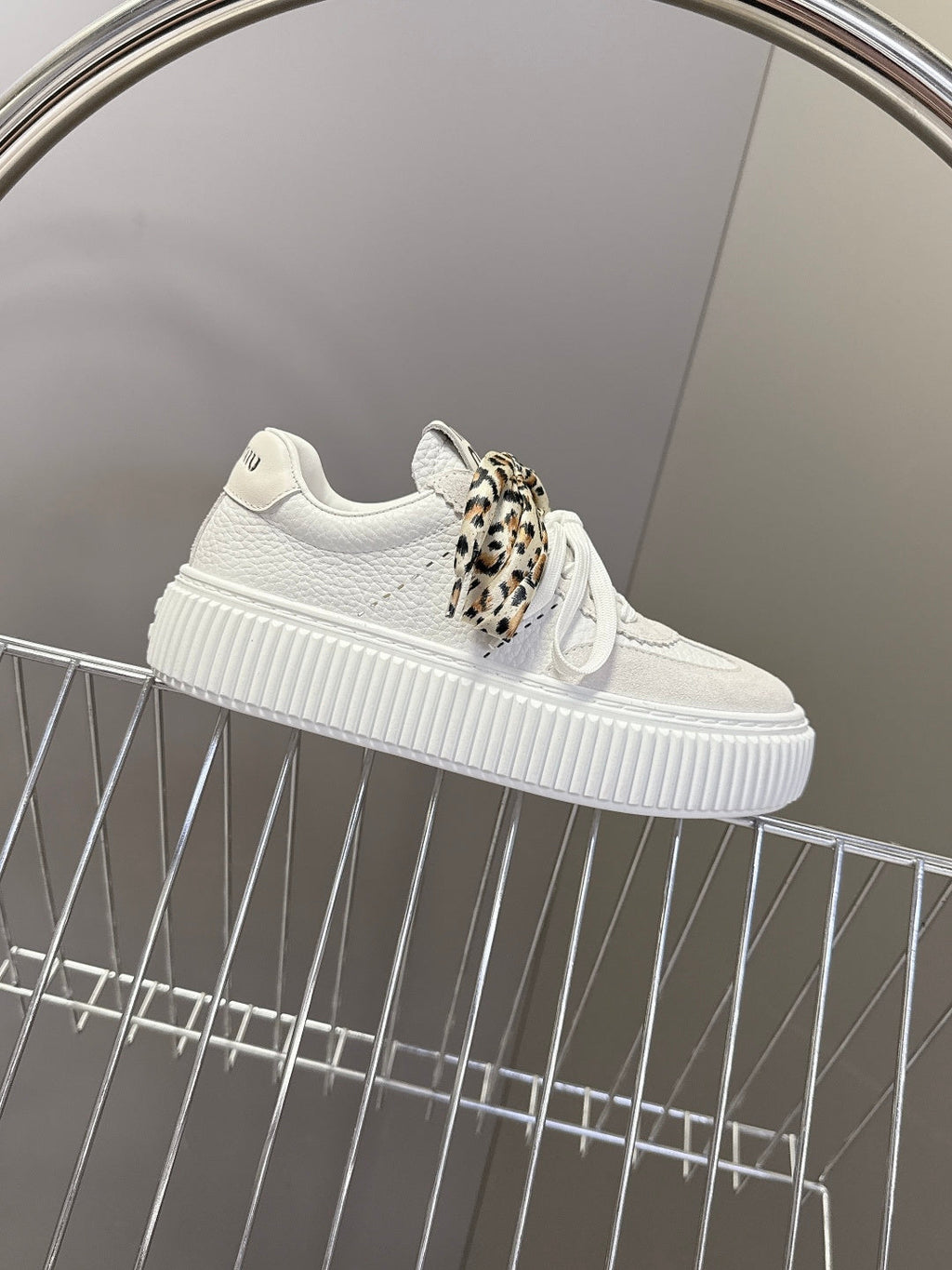 MIUMIU 25S SNEAKERS 45NN IN WHITE SUEDE WITH LEOPARD-PRINT LACES