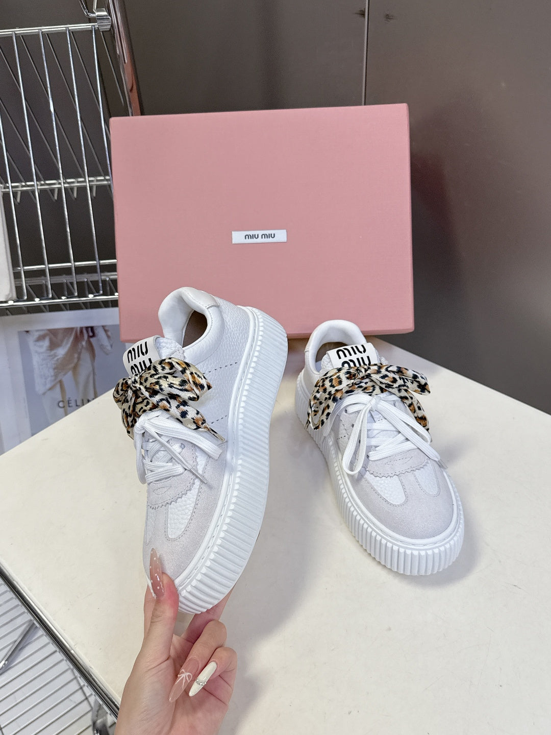 MIUMIU 25S SNEAKERS 45NN IN WHITE SUEDE WITH LEOPARD-PRINT LACES